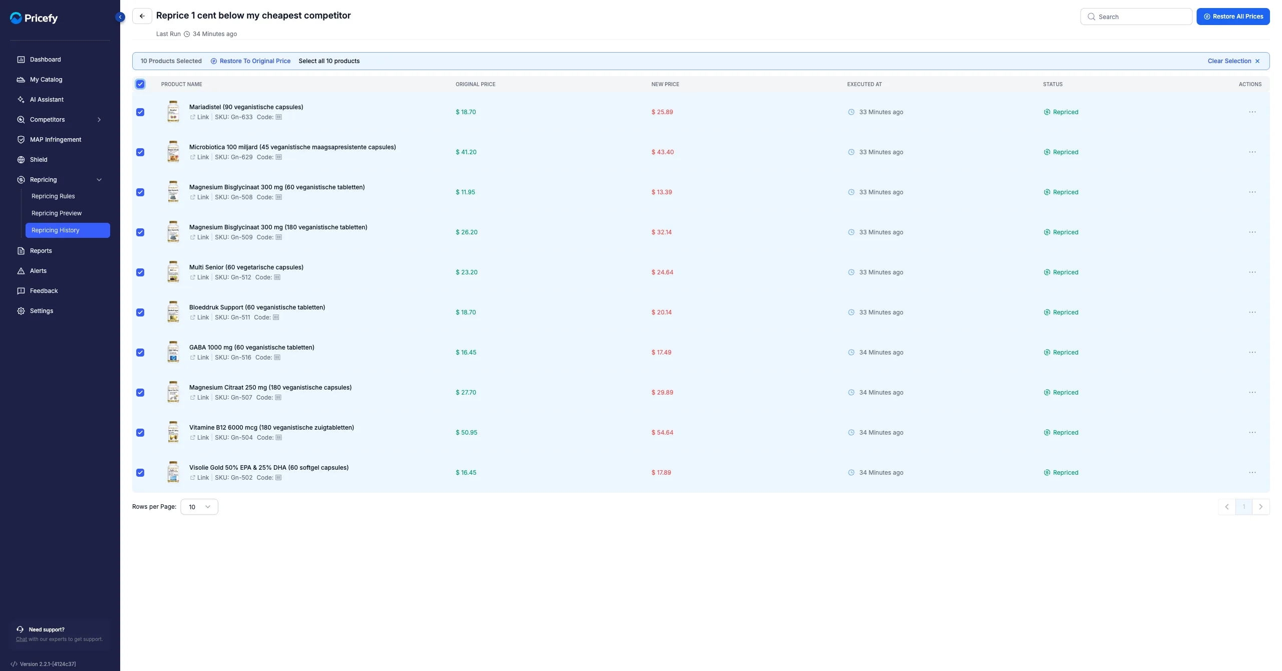 Selecting products shows a bar with a Restore To Original Price action.