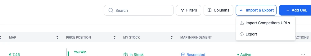 The Import & Export menu on Pricefy’s Monitored URLs page, with the Import Competitors URLs option.