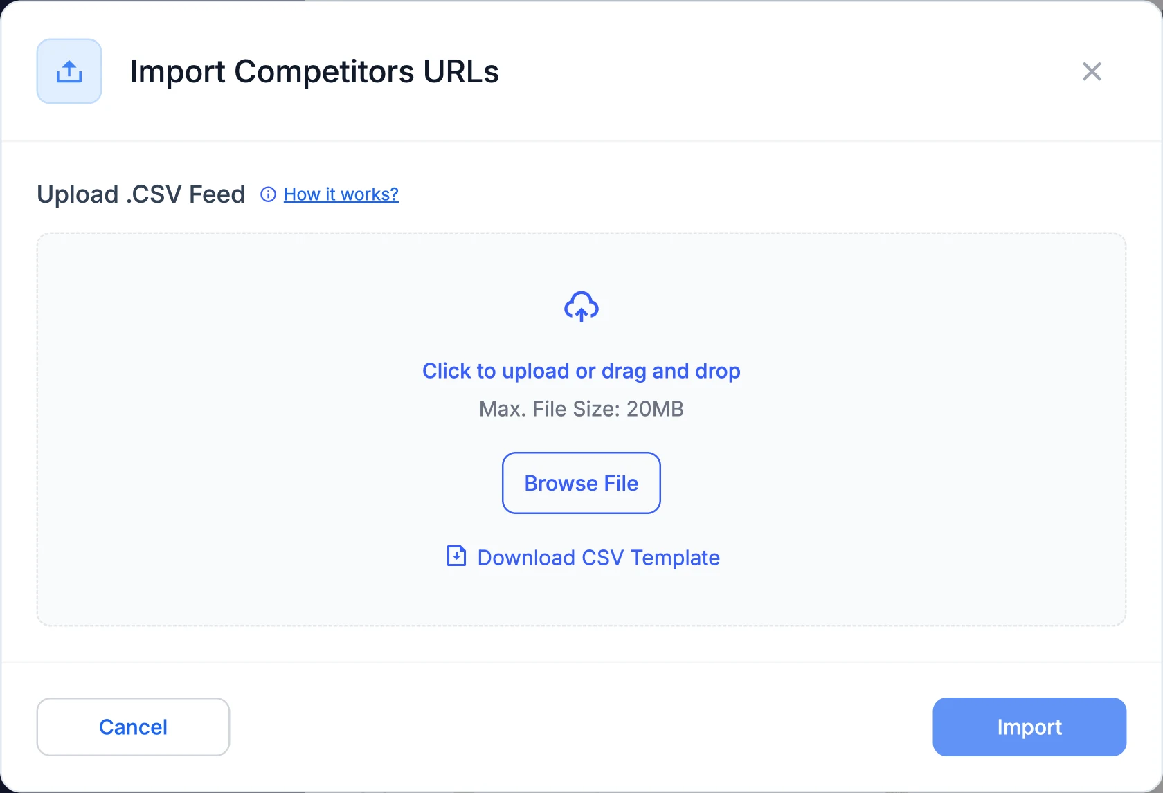 The Import Competitors URLs modal in Pricefy, with the CSV upload area and Download CSV Template link.
