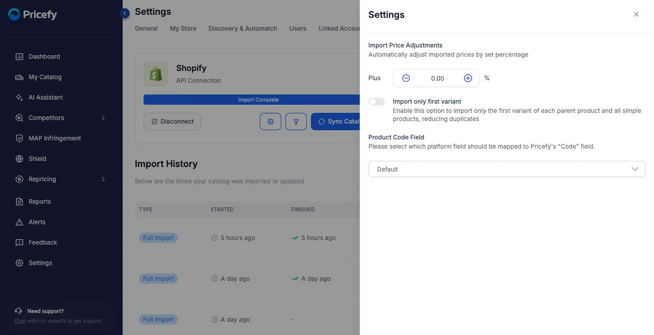 The feed import settings in Pricefy: price adjustment, import only first variant, and product code field.