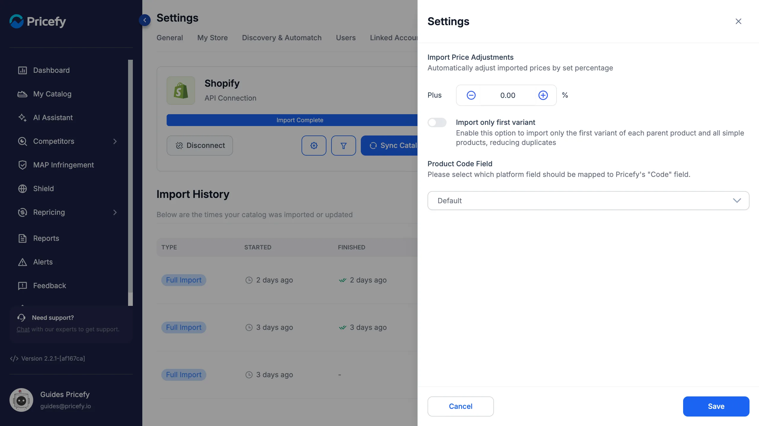 The Product Feed Settings panel in Pricefy with the Import only first variant toggle switched off.