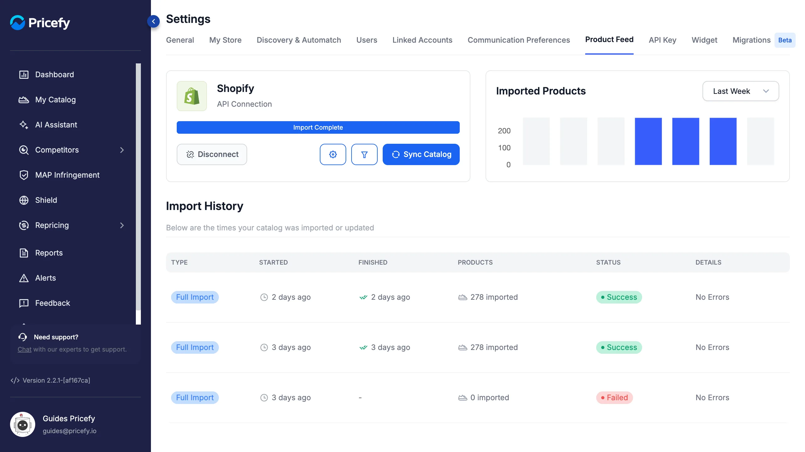 The connected Product Feed page in Pricefy, with the gear (Settings) icon next to Sync Catalog.