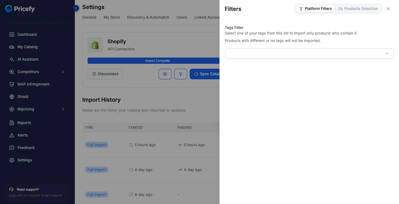 The import Filters panel in Pricefy, Platform Filters mode showing a Tags filter.