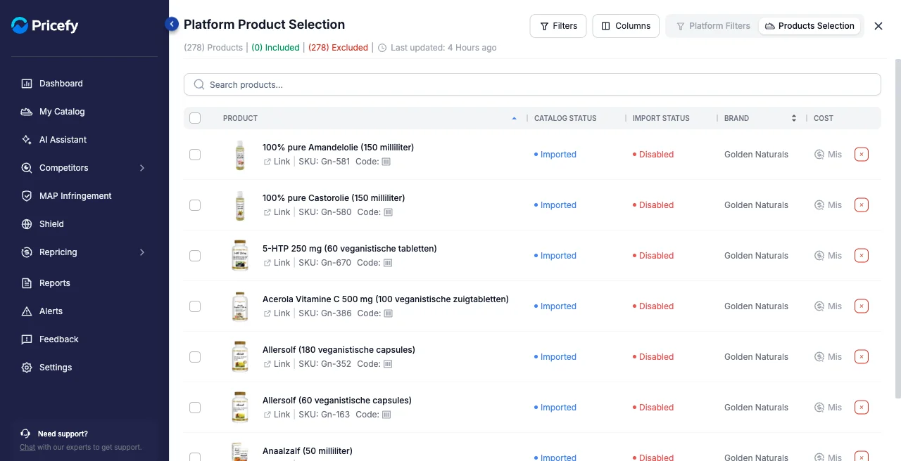 The Products Selection grid in Pricefy, including or excluding individual products from the import.