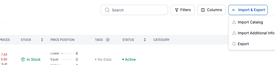 The Import & Export menu open on Pricefy’s My Catalog page, with the Import Additional Info option.