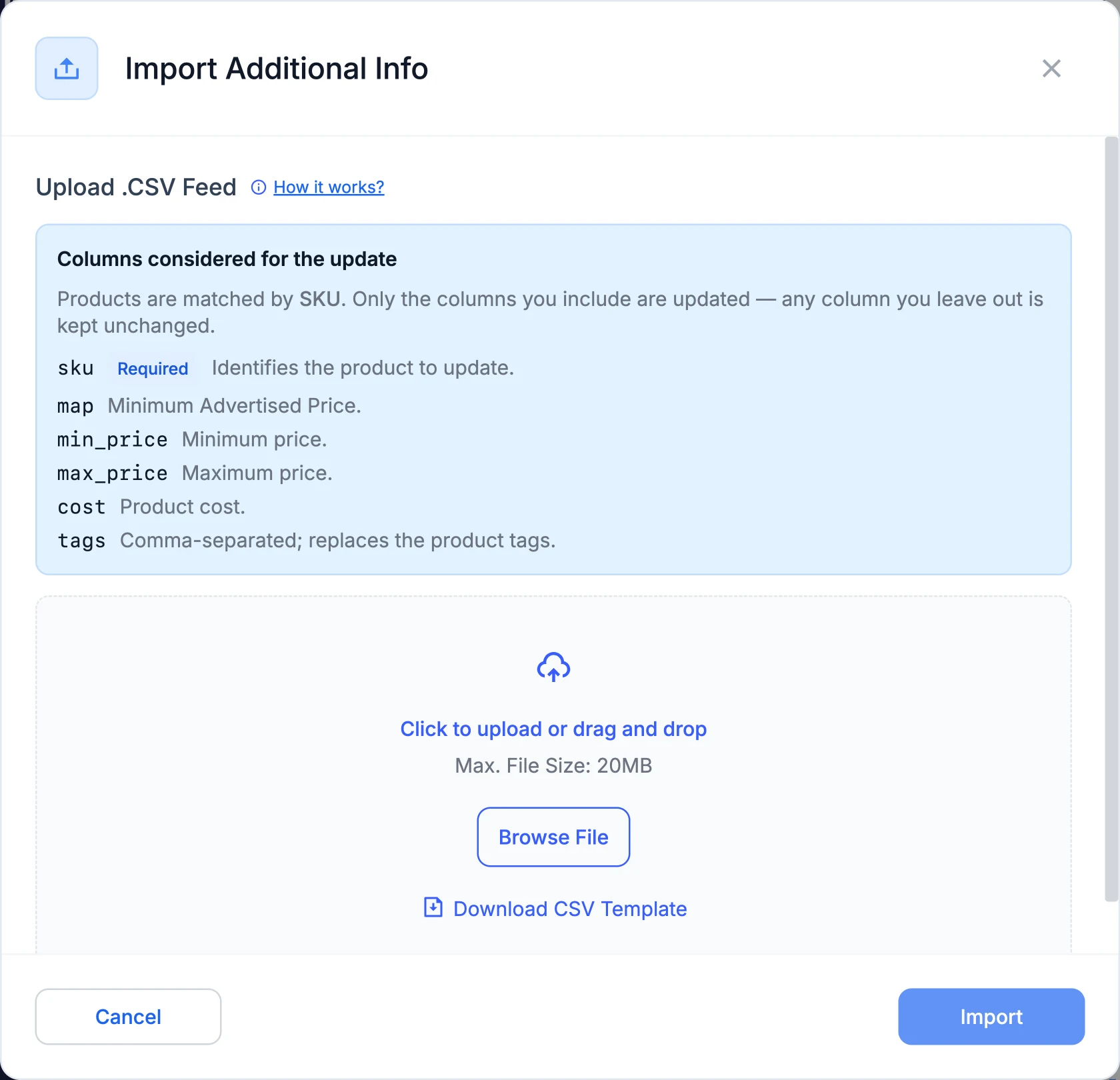 The Import Additional Info modal in Pricefy, showing the considered columns including tags and the CSV upload area.