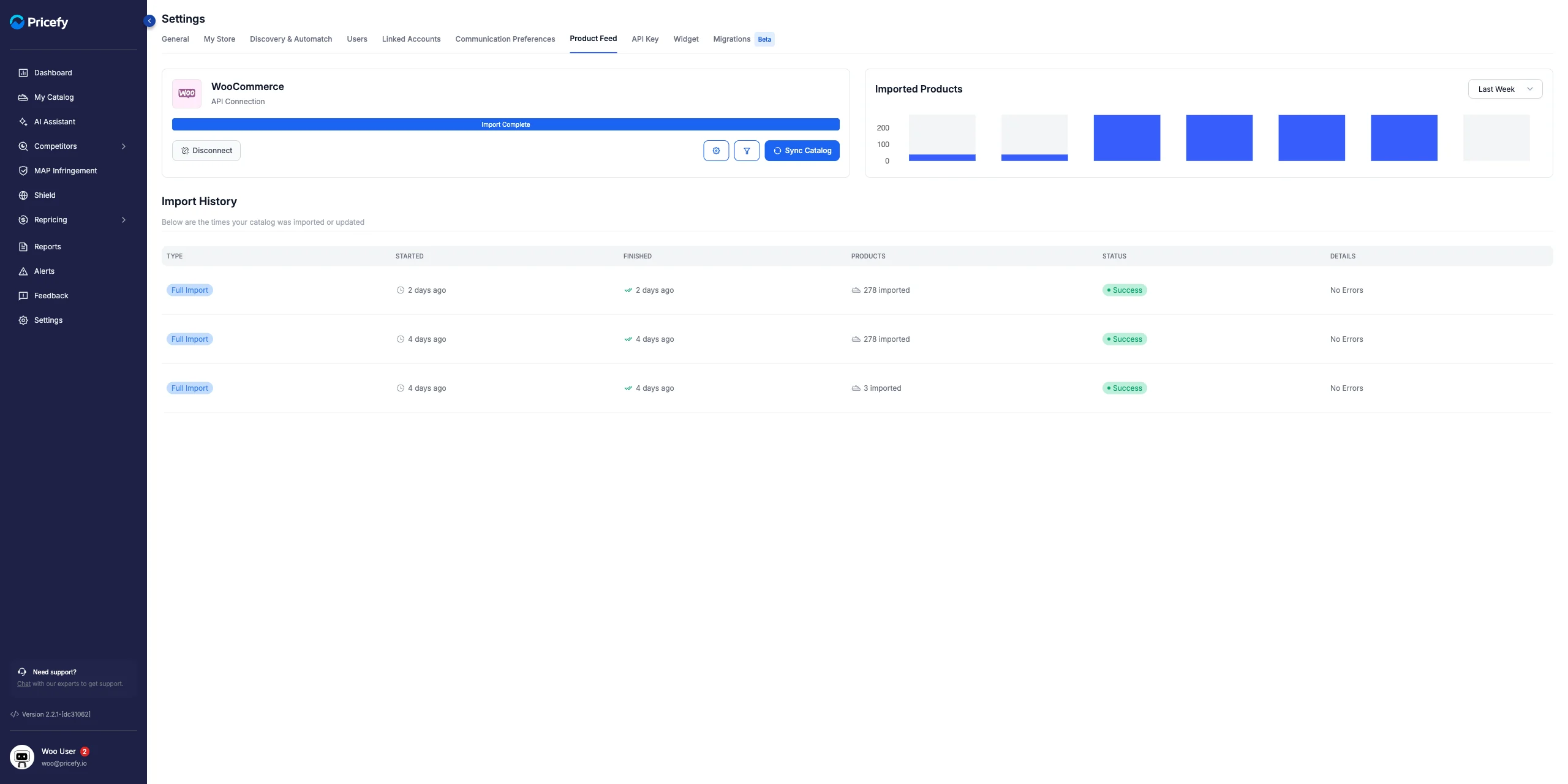 The connected WooCommerce Product Feed page in Pricefy, with the settings (gear) icon and the Sync Catalog button.