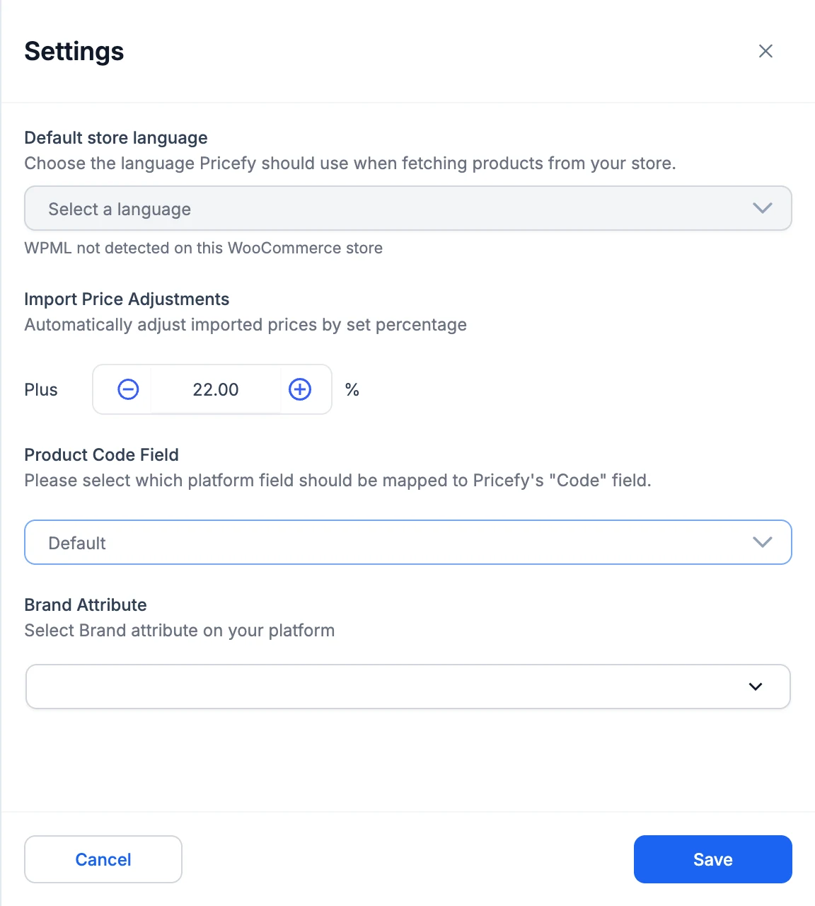 Pricefy WooCommerce import settings: Product Code Field mapped to Pricefy’s Code field, and Brand Attribute.