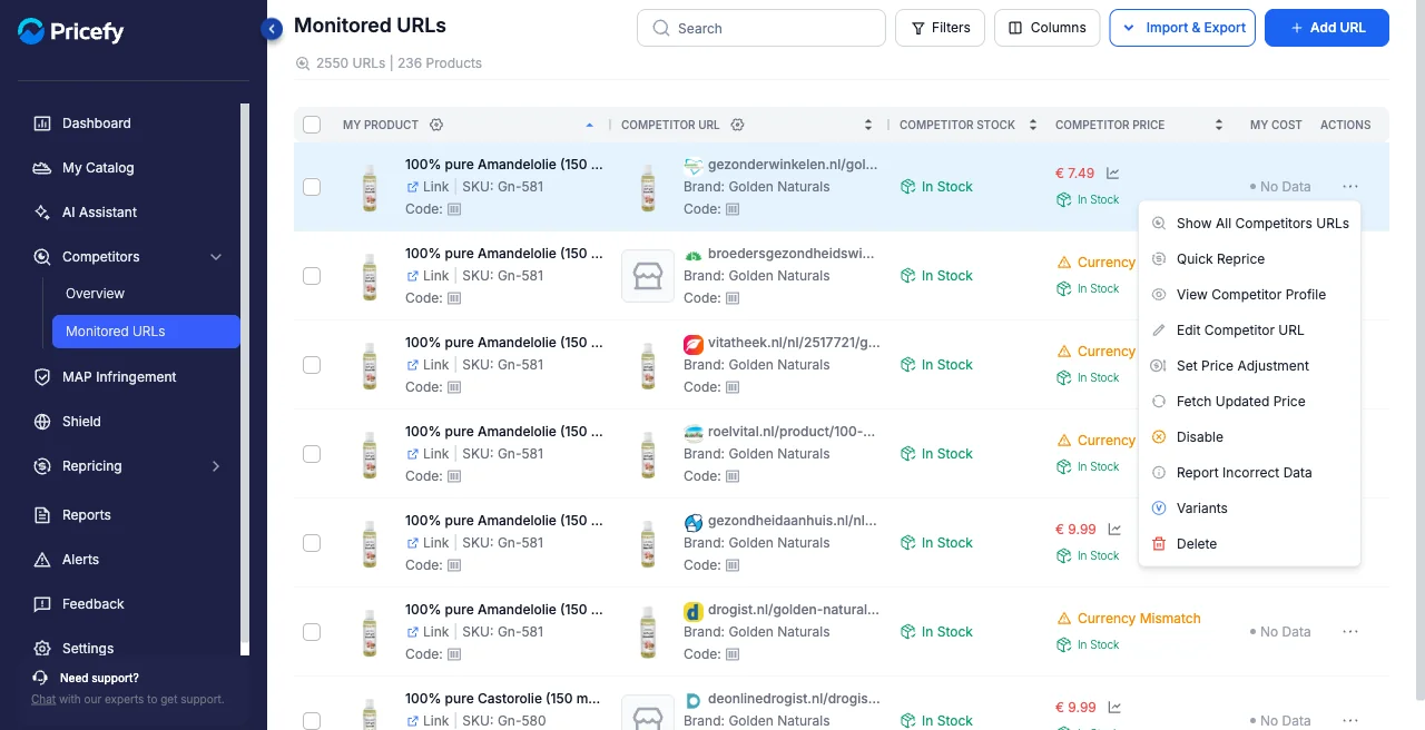 A monitored URL's actions menu showing Quick Reprice, Edit Competitor URL, Set Price Adjustment, Fetch Updated Price and more.