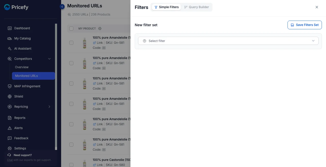 The filter-set builder for the Monitored URLs page.