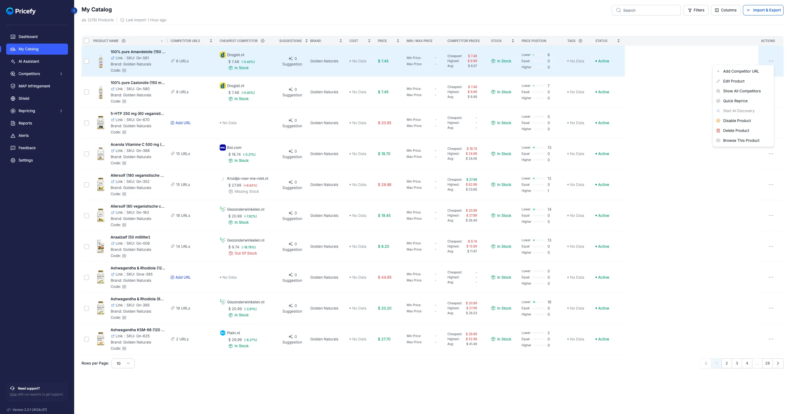 A product's Actions menu in My Catalog: Add Competitor URL, Edit Product, Show All Competitors, Quick Reprice, Start AI Discovery, Disable Product, Delete Product and Browse This Product.