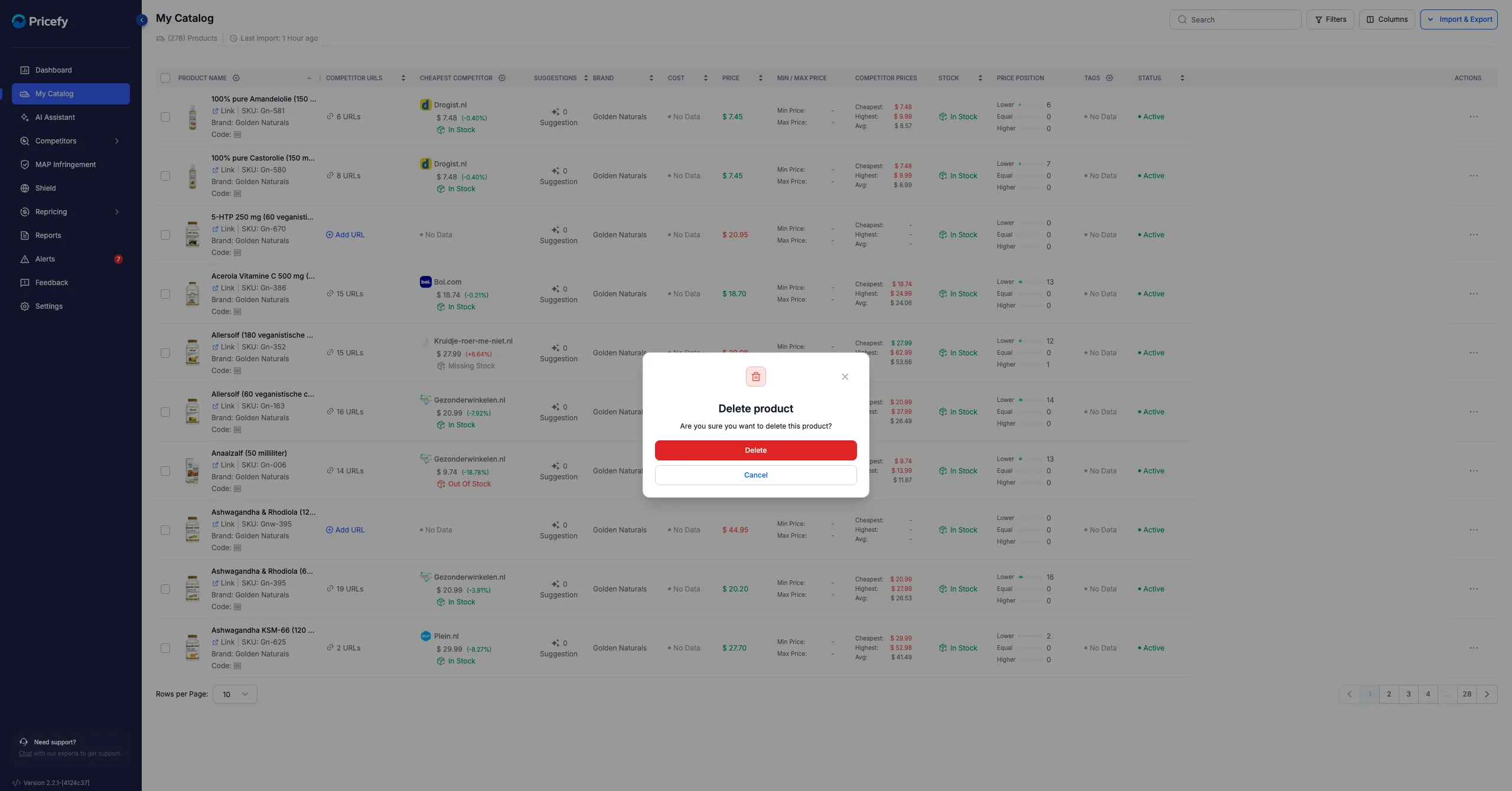 The Delete product confirmation dialog in My Catalog.
