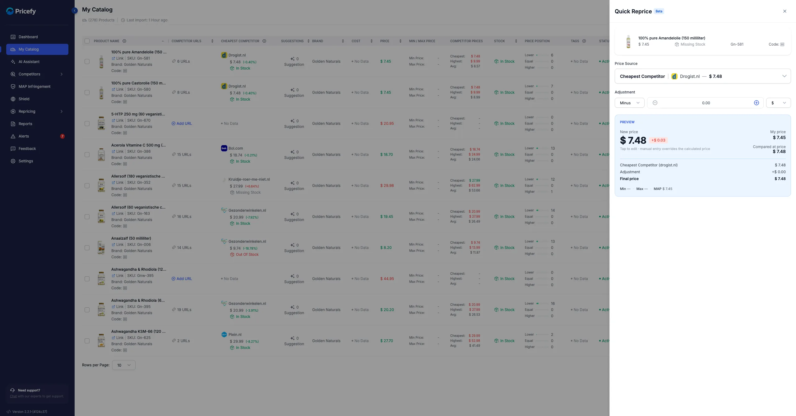The Quick Reprice drawer, setting a product's price from a competitor with a Plus/Minus, Fixed or Percentage adjustment and a price preview.