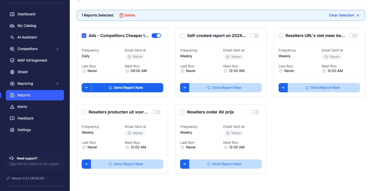 Reports selected with the bulk action bar showing Delete and Clear Selection.