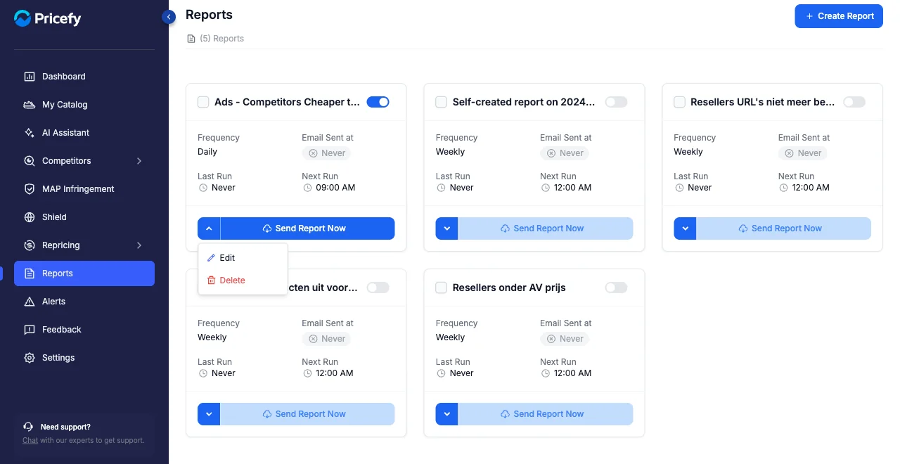 A report card's actions menu open in Pricefy, showing the Edit and Delete options.