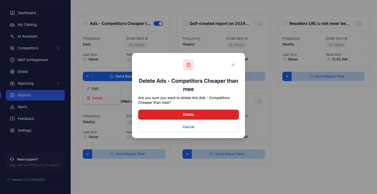 The confirmation dialog asking to confirm deleting a single report in Pricefy.