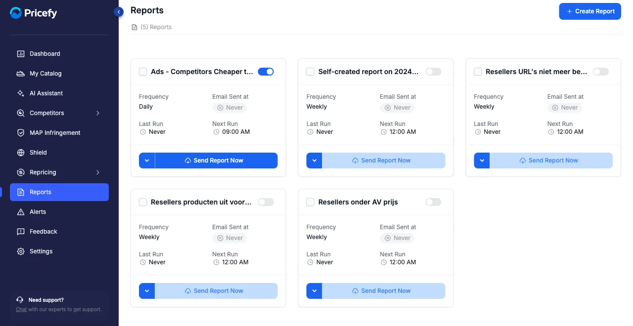 The Pricefy Reports page showing scheduled report cards with frequency, last run and next run.