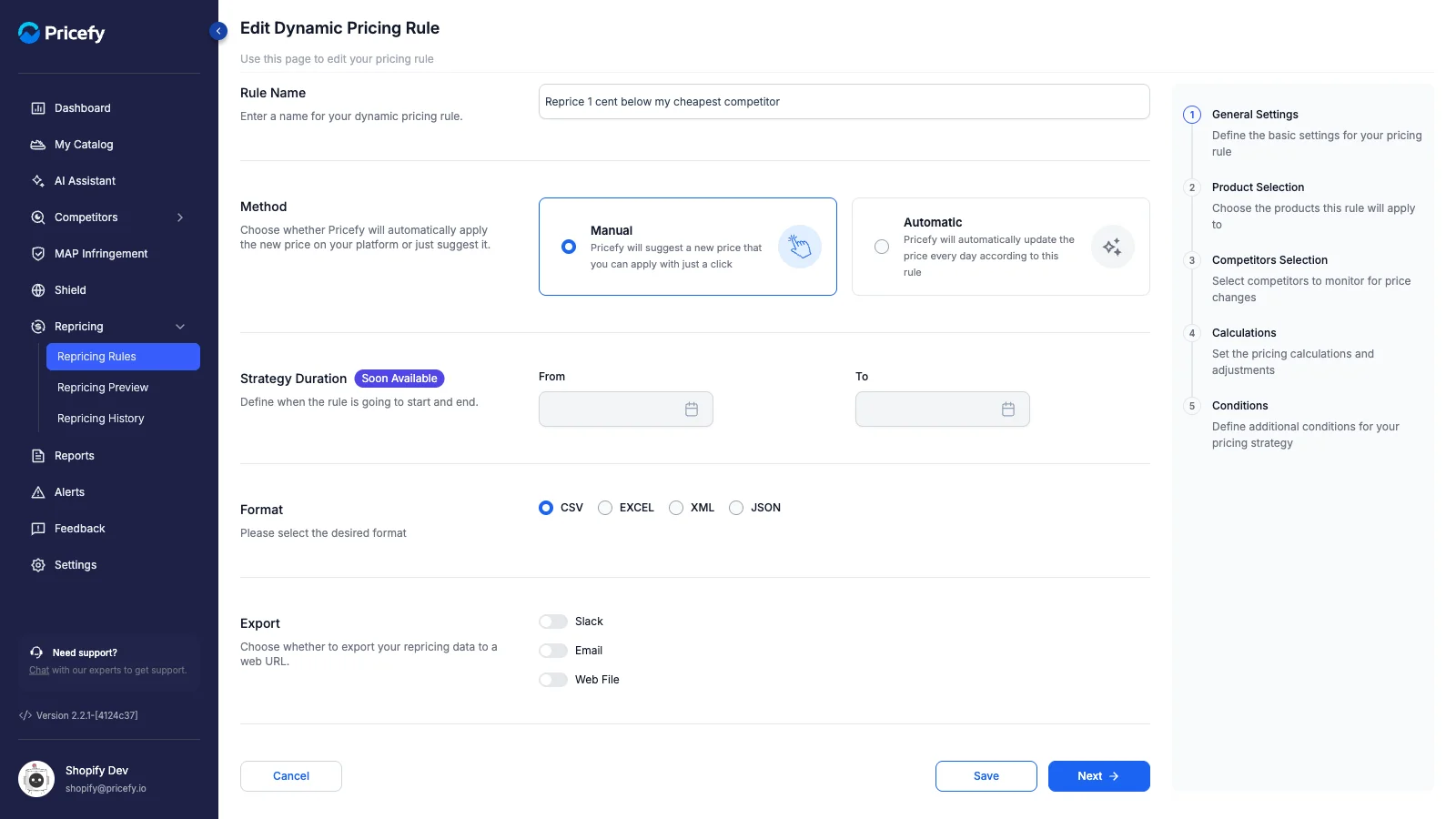 Rule editor — Step 1, Format and Export
