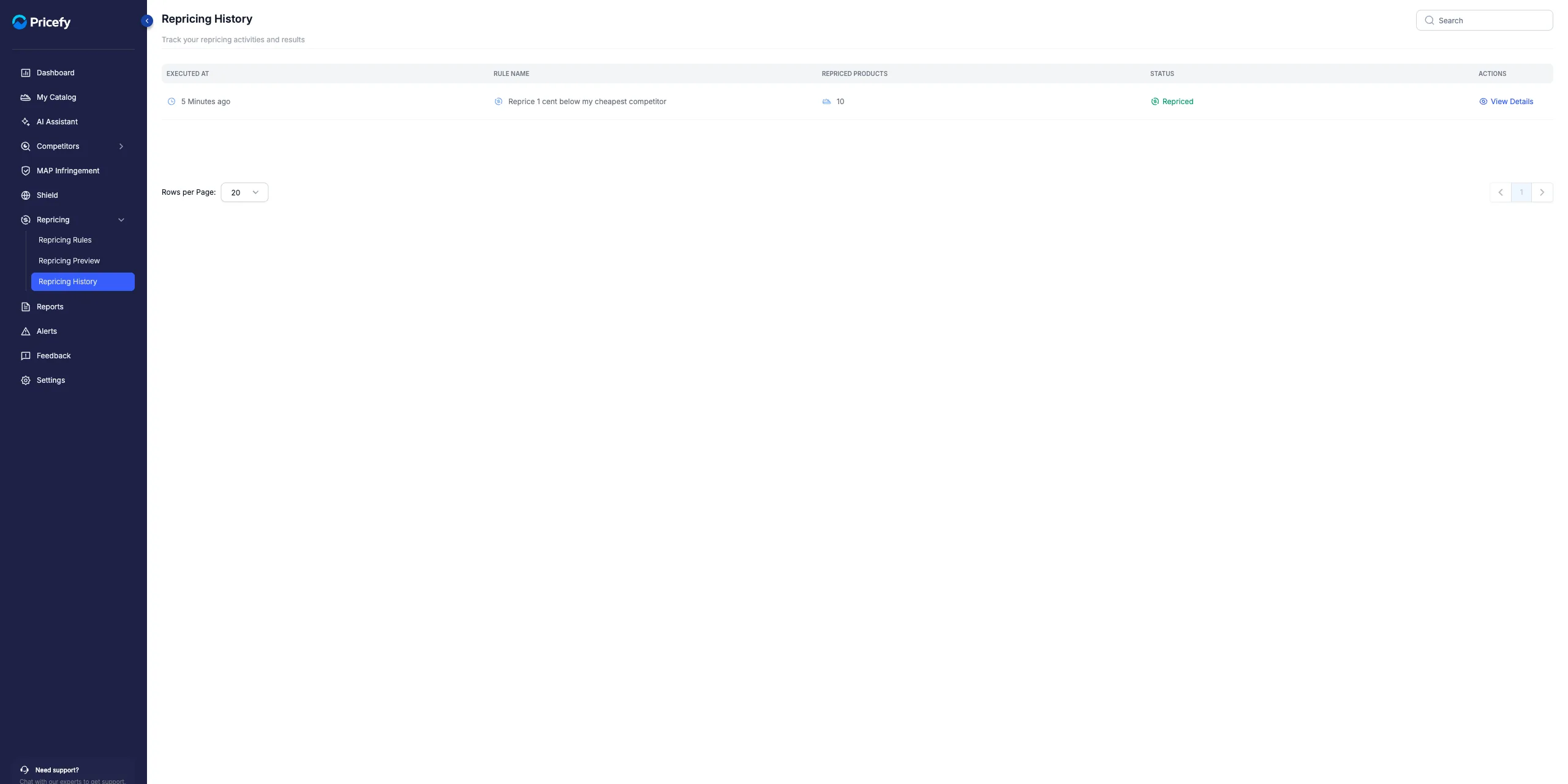 The Repricing History list — one row per run, showing Executed At, Rule Name, Repriced Products, Status, and a View Details action.