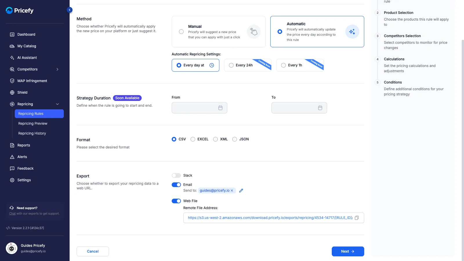Step 1 — Export with Email and Web File switched on, showing their fields