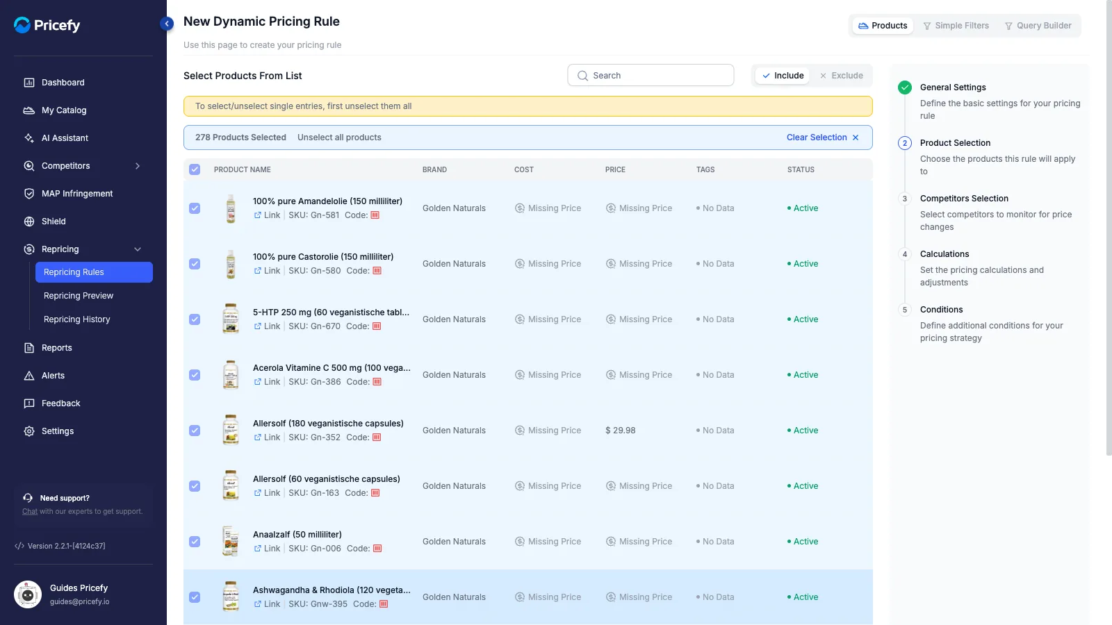 Step 2 — Products mode: pick from the catalog list