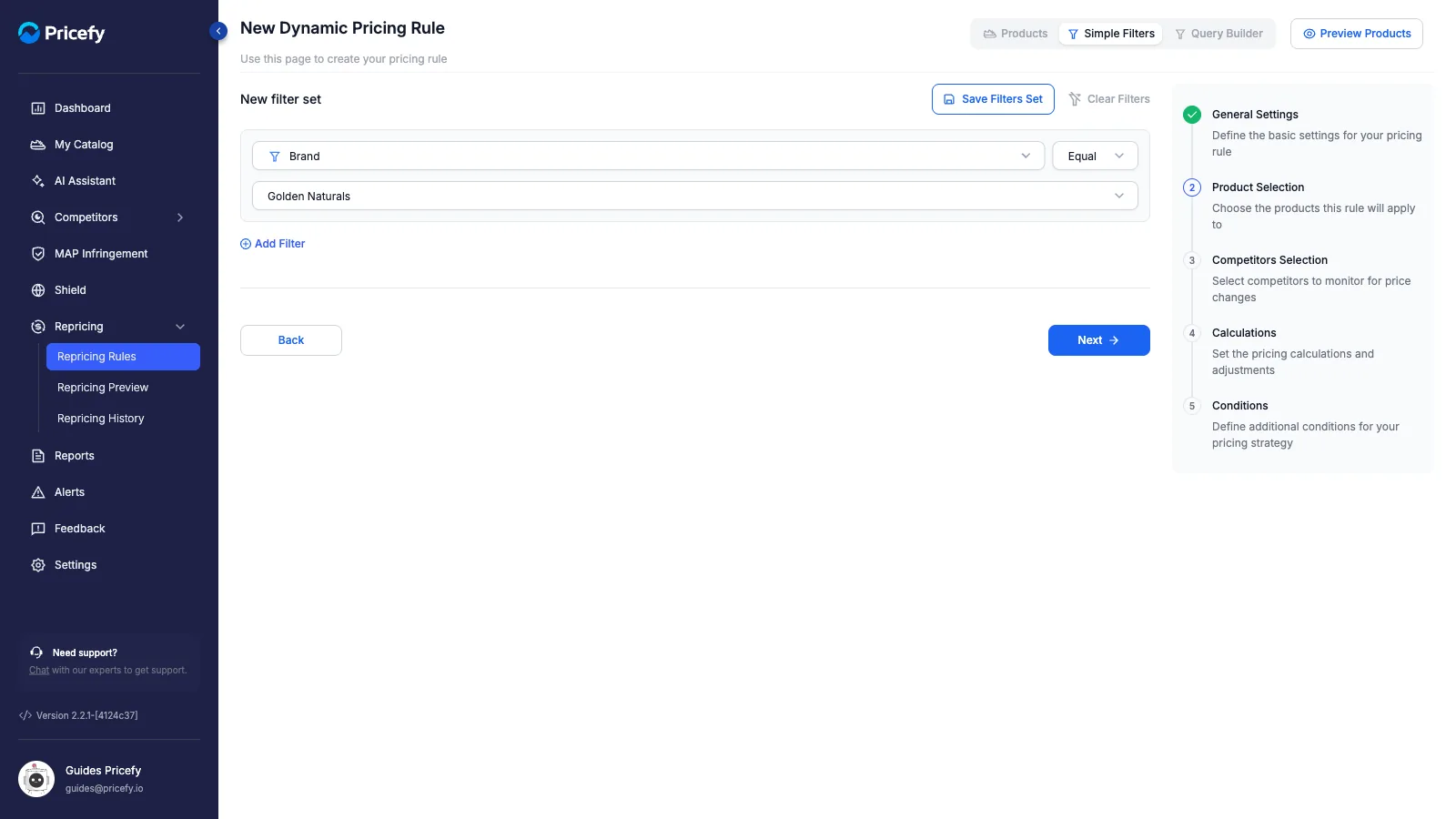 Step 2 — Simple Filters mode: build a filter set