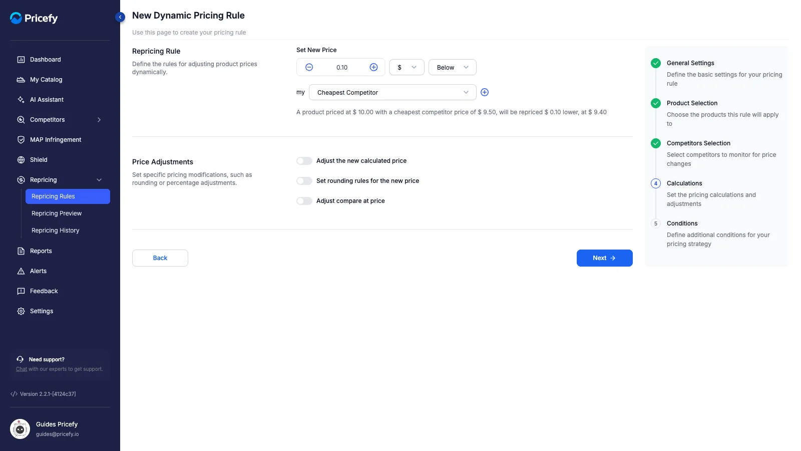 Step 4 — Set New Price: amount, direction and reference competitor