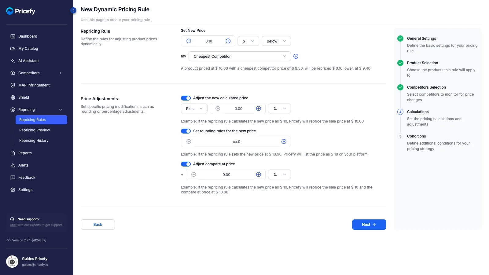 Step 4 — Price Adjustments: adjust price, rounding and compare-at, all switched on