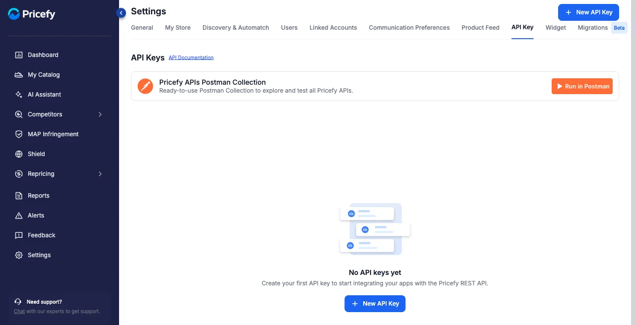 The API Key tab in Pricefy Settings, with the Postman collection and documentation link.