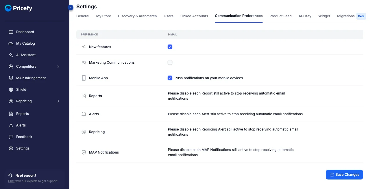 The Communication Preferences tab listing email notification options.