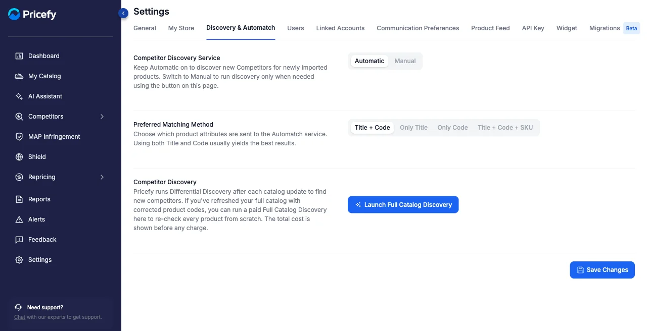 The Discovery & Automatch tab in Pricefy Settings.
