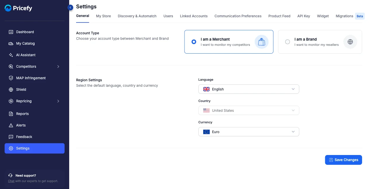 The General tab in Pricefy Settings, with Account Type and Region settings.