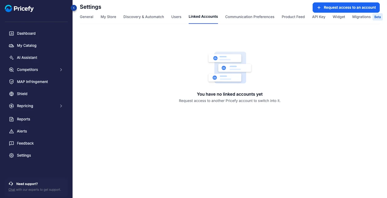 The Linked Accounts tab in Pricefy Settings, listing access grants between accounts.