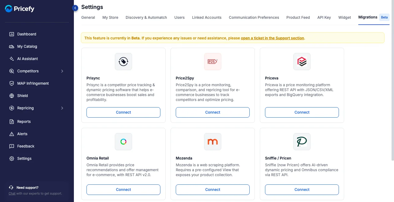 The Migrations tab in Pricefy Settings, listing other price-monitoring tools to import from.