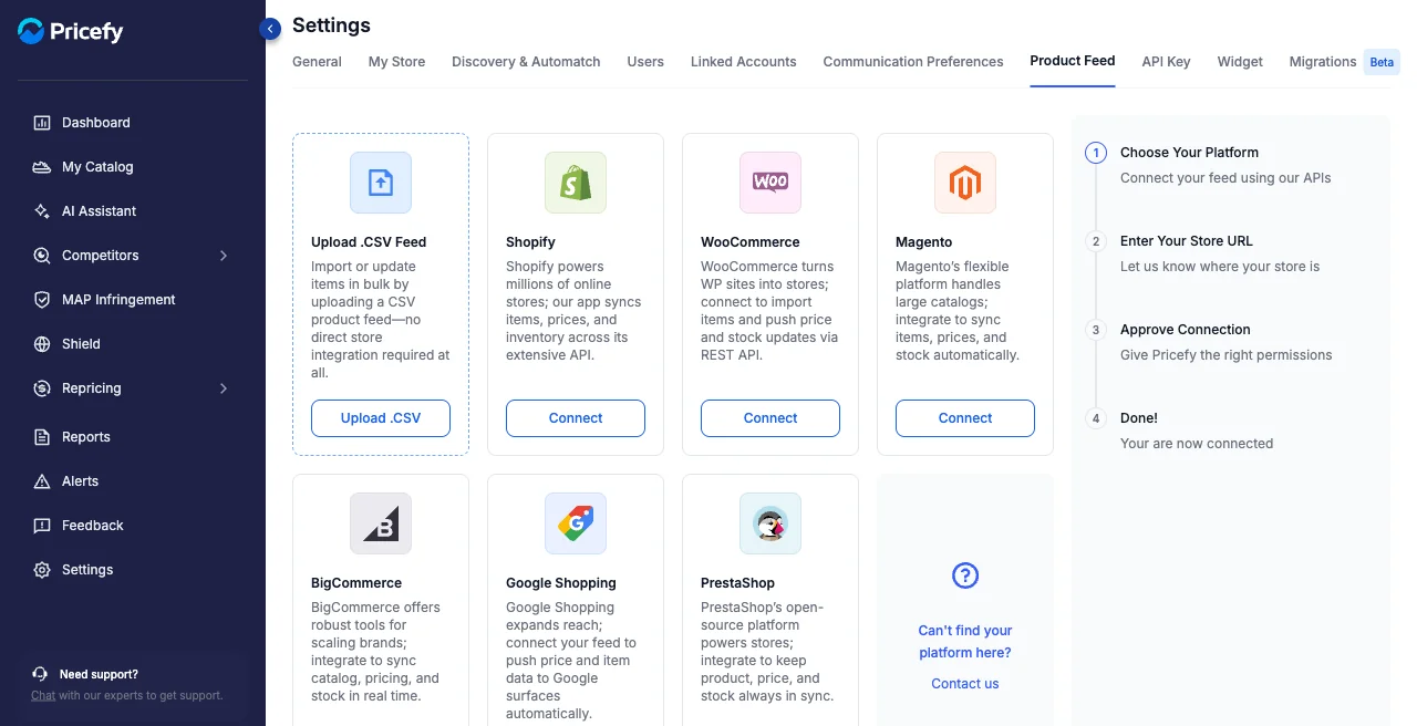 Choosing an import platform in Pricefy: CSV, Shopify, WooCommerce, Magento, BigCommerce, Google Shopping or PrestaShop.