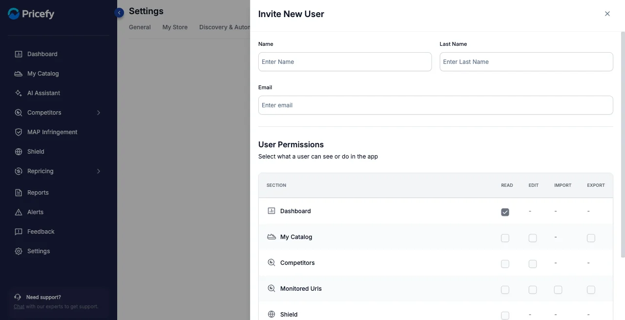 The Invite New User panel with per-section read, edit, import and export permissions.