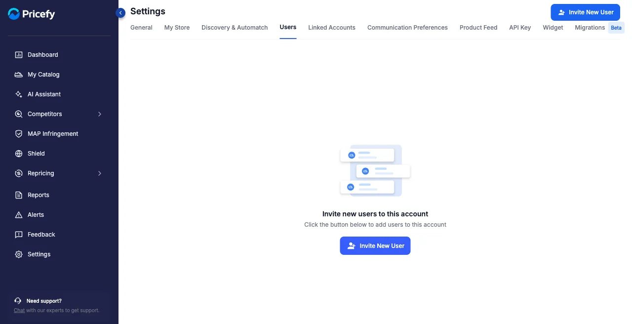 The Users tab in Pricefy Settings, inviting team members.