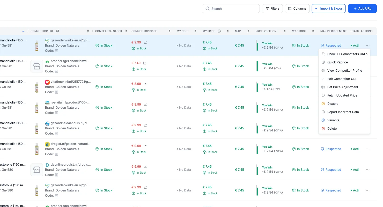 Set Price Adjustment in the Monitored URLs Actions menu