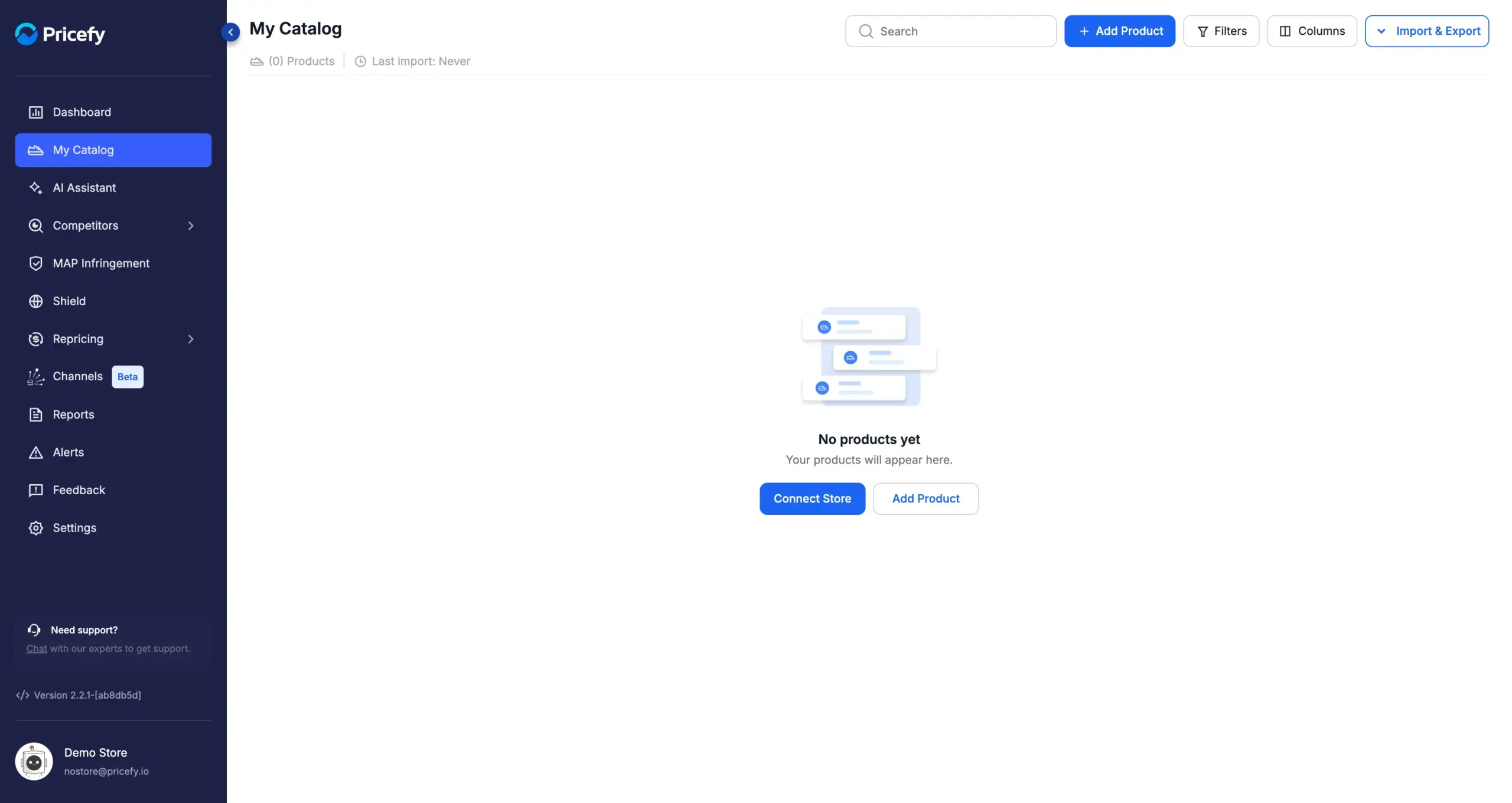 My Catalog with no products yet, offering Connect Store or Add Product to add products manually.