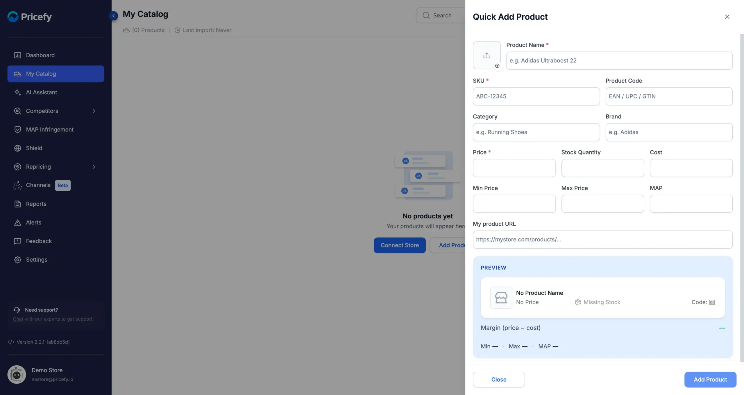 The Quick Add Product form in Pricefy, with fields for product name, SKU, price and price limits.