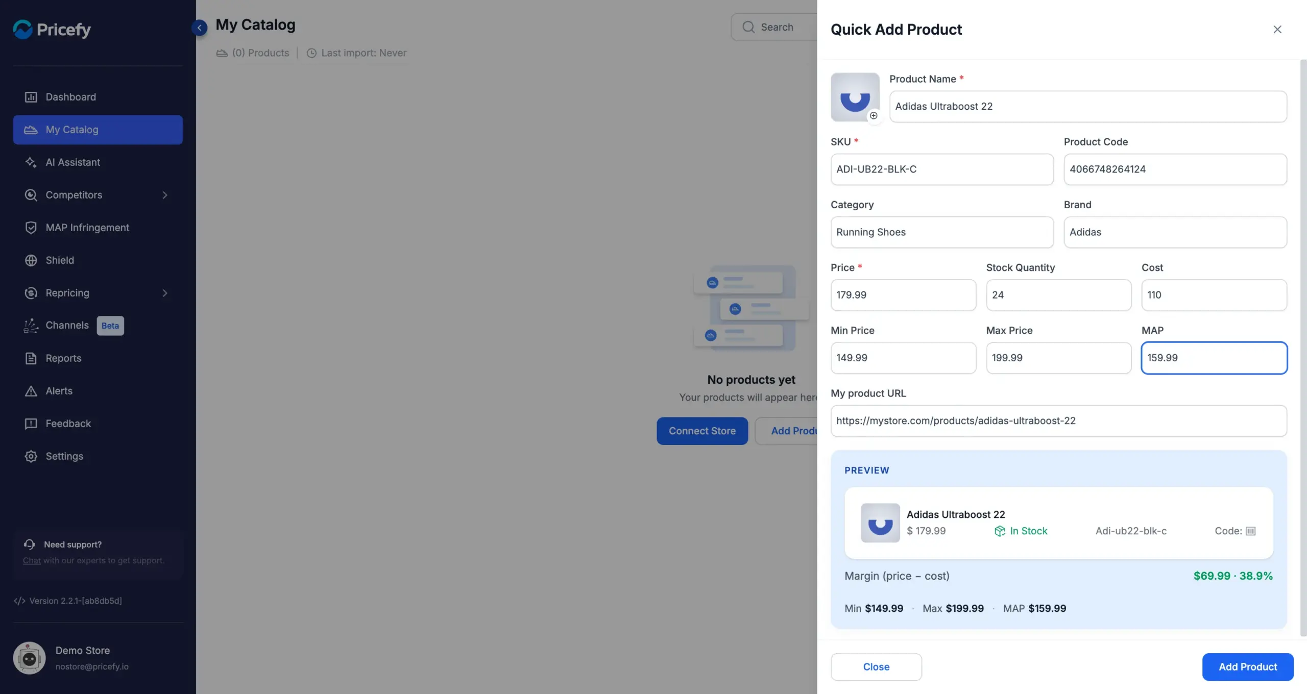 The Quick Add Product form filled in, with the live preview showing price, stock and margin.
