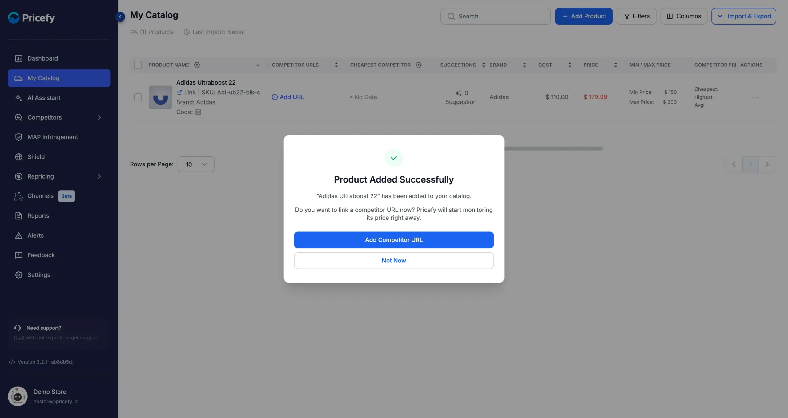 The Product Added Successfully dialog offering to add a competitor URL right away.