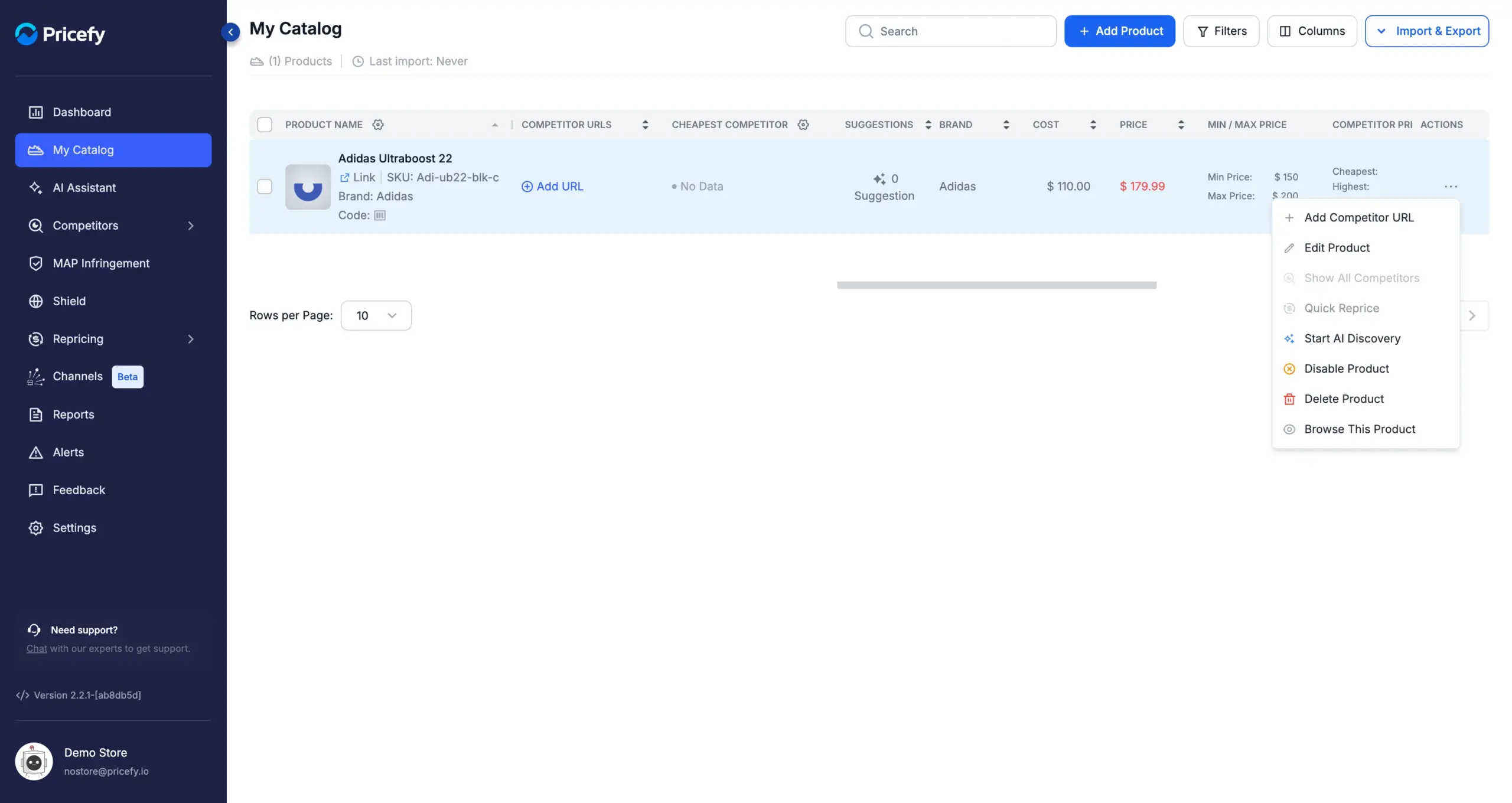 The product Actions menu in My Catalog, open on the Edit Product entry.