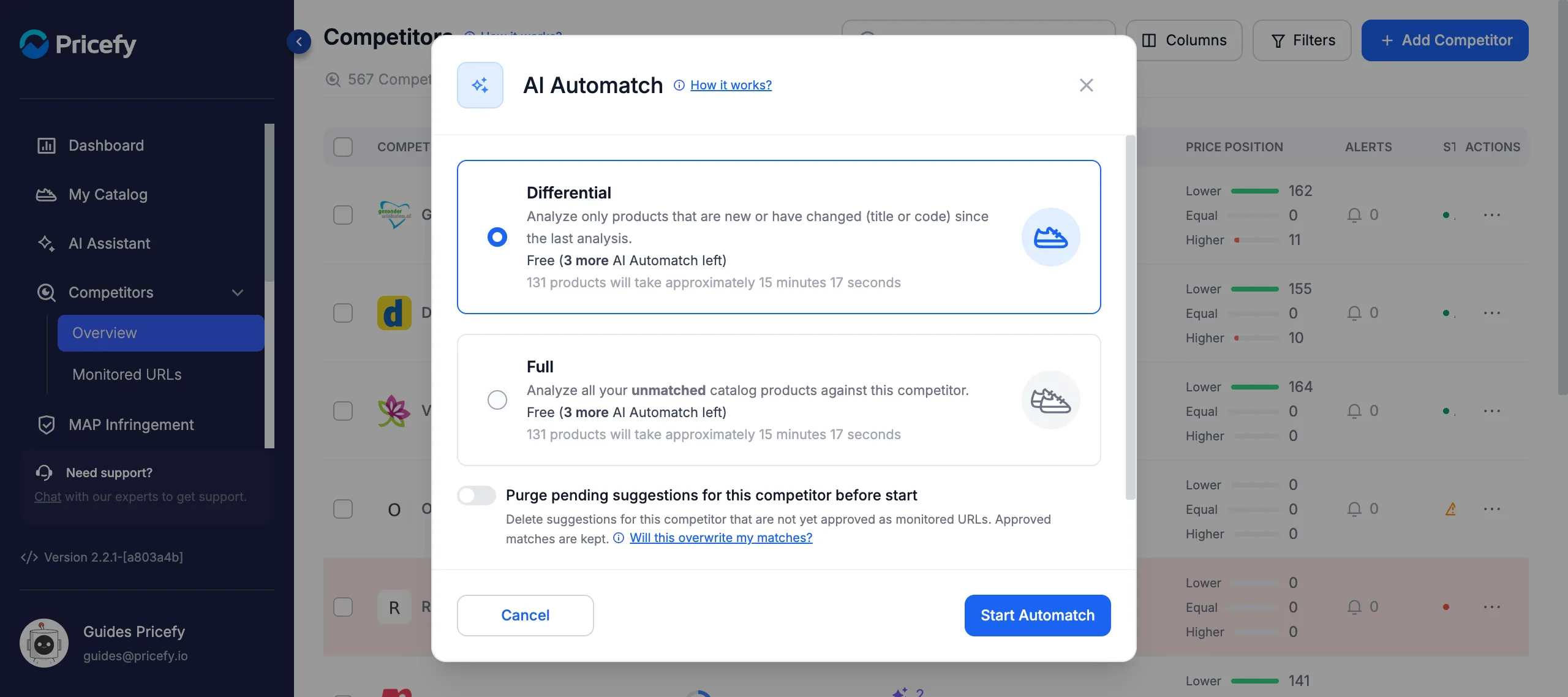 AI Automatch Google Results method — Differential or Full analysis scope, with the Purge pending suggestions toggle and Start Automatch.