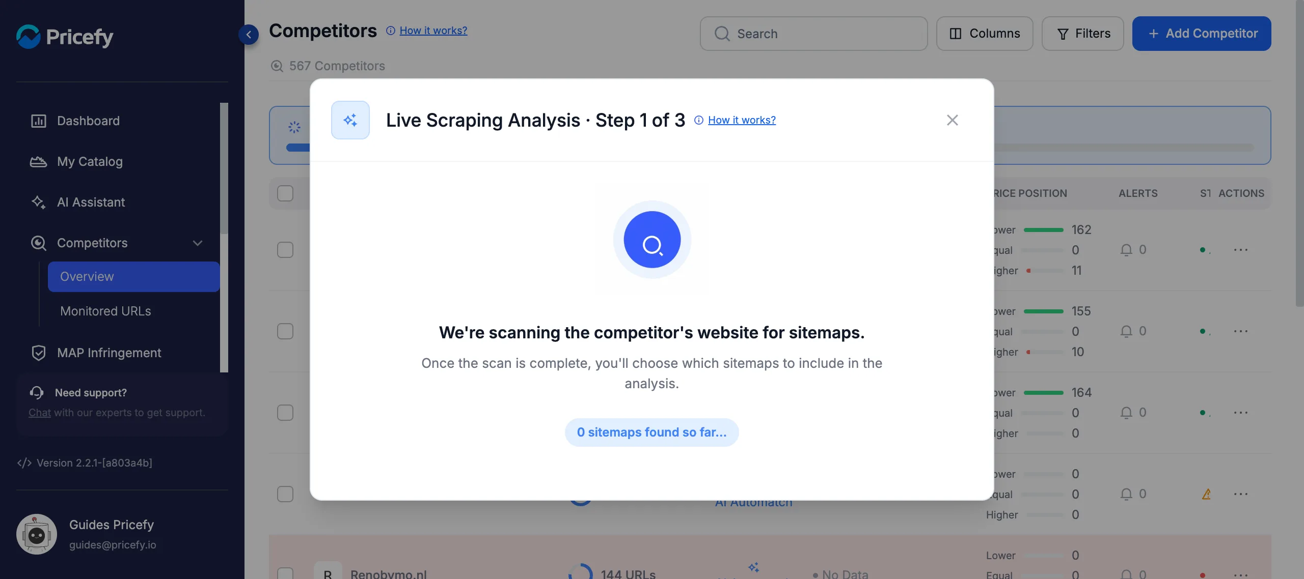 Live Scraping step 1 — Pricefy scans the competitor's website for sitemaps, with a live counter of sitemaps found.