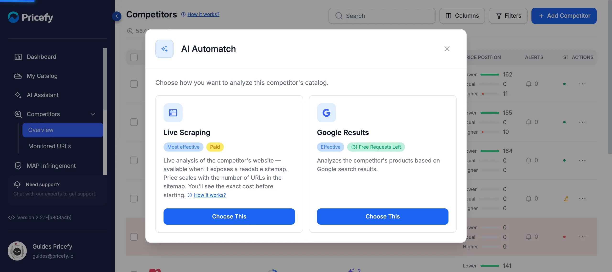 AI Automatch modal in Pricefy — choose between the Live Scraping and Google Results analysis methods.