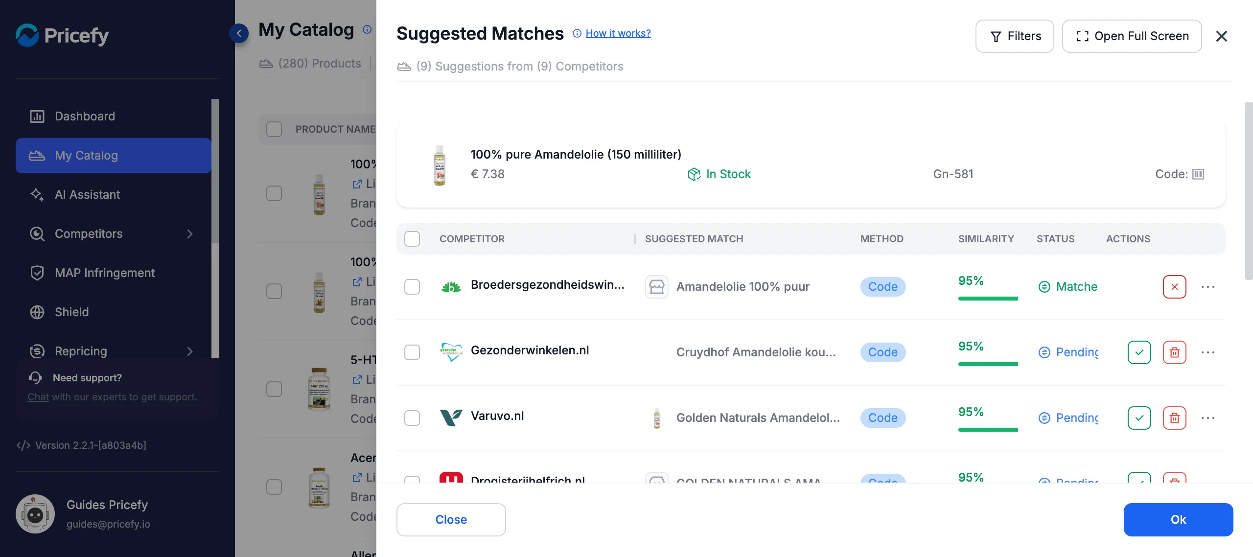Suggested Matches drawer in My Catalog — competitor suggestions with matching method and similarity score, ready to approve or delete.