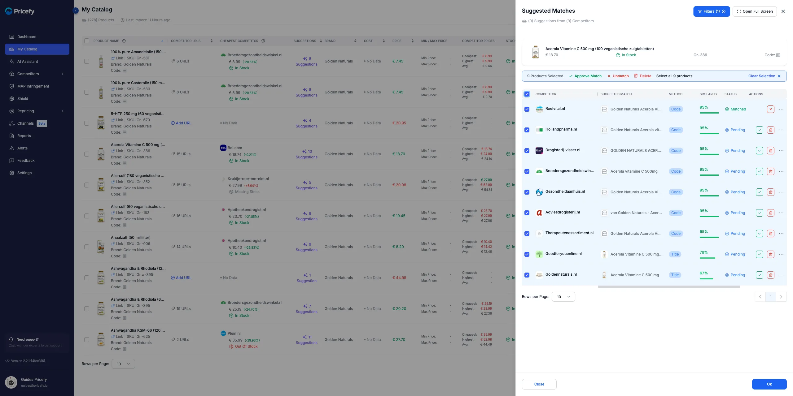 Automatch suggestions filtered to one country's domains with the Approve Match action selected.