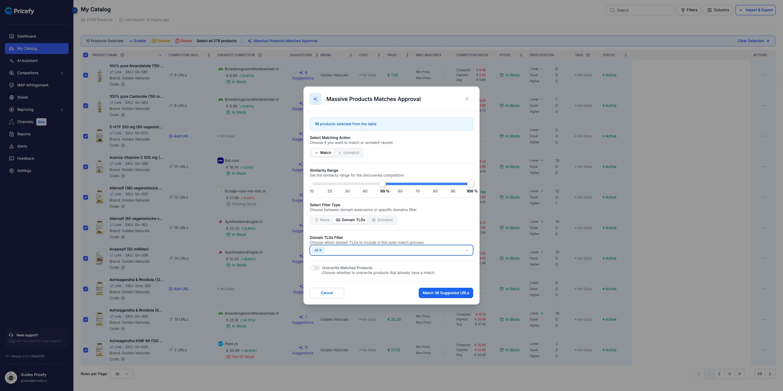 Pricefy Massive Products Matches Approval with Select Filter Type set to Domain TLDs, to approve only one country's Automatch suggestions across the whole catalog at once.