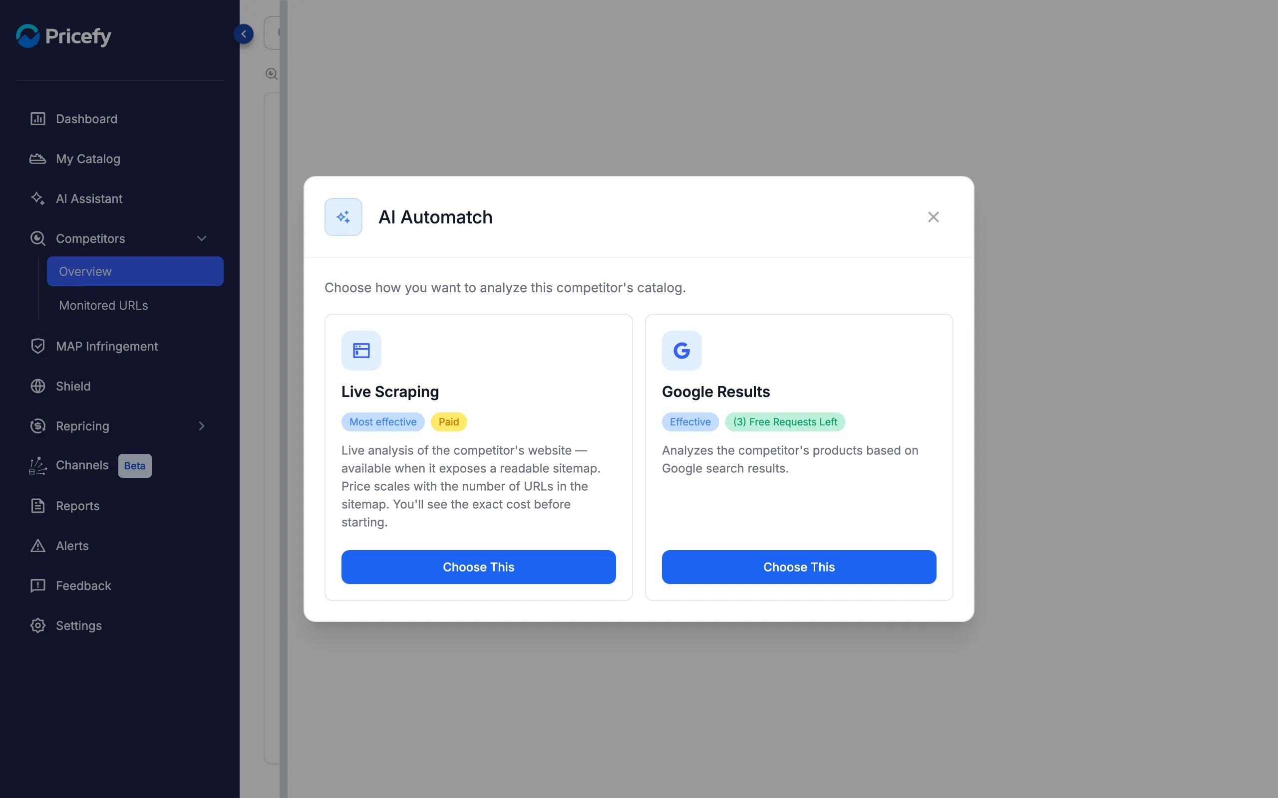 The AI Automatch window: choose Live Scraping (paid, sitemap-based) or Google Results (uses your free Automatch requests).